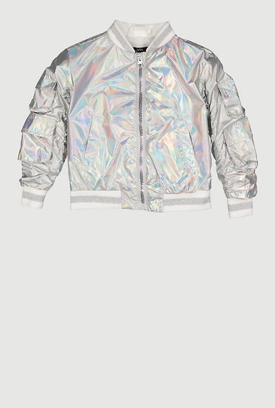 Toddler Girls Metallic Cargo Pocket Bomber Jacket, Silver, Size 3T