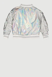 Toddler Girls Metallic Cargo Pocket Bomber Jacket, Grey, Size 2T