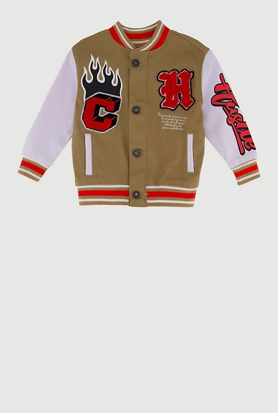 Toddler Boys Hustle Graphic Button Front Varsity Jacket