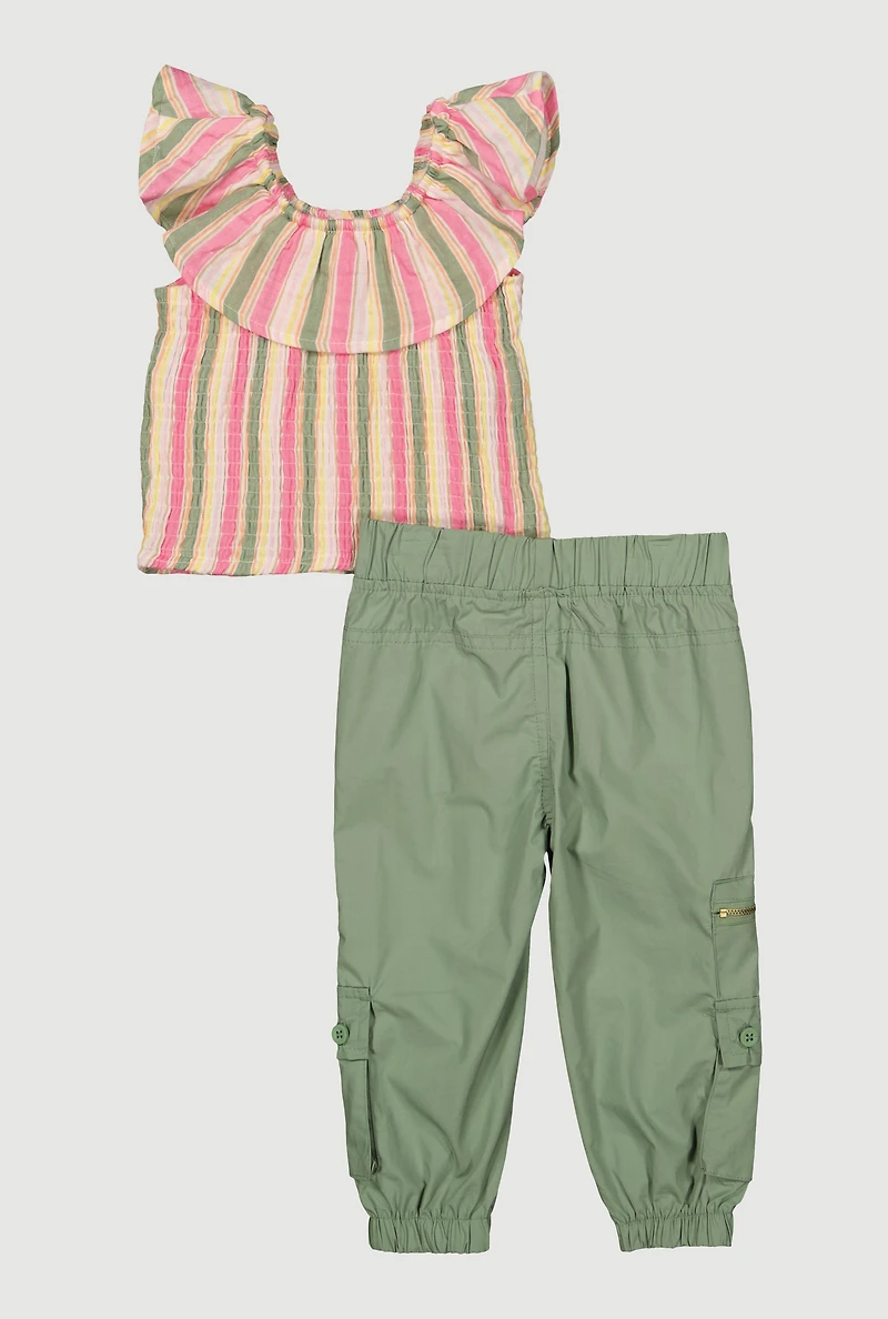 Baby Girls 12-24M Ruffle Overlay Smocked Top and Cargo Joggers, Multi, Size 18M
