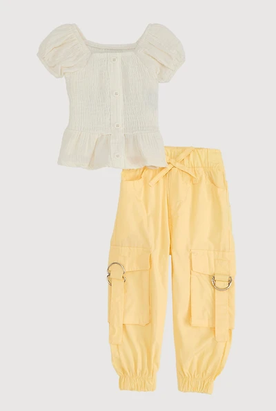 Baby Girls 12-24M Smocked Peplum Top and Cargo Joggers, Yellow, Size 18M