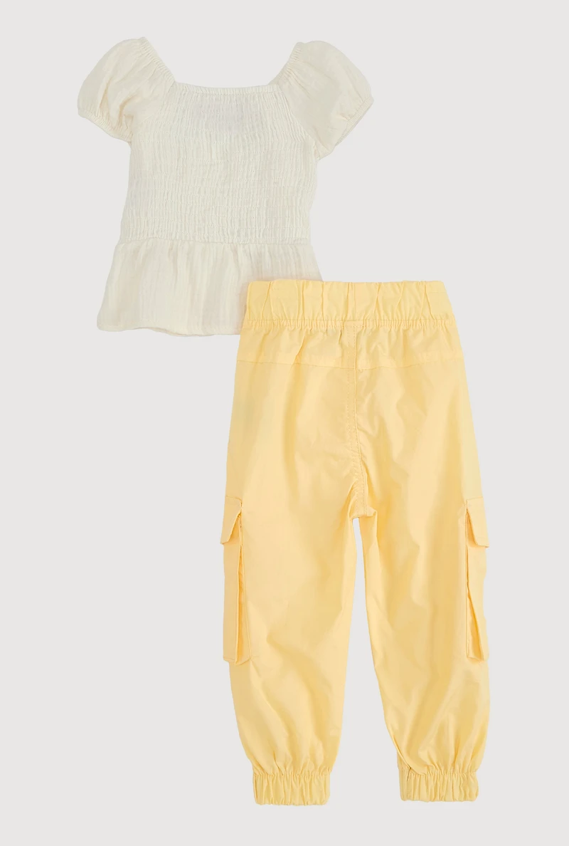 Baby Girls 12-24M Smocked Peplum Top and Cargo Joggers, Yellow,