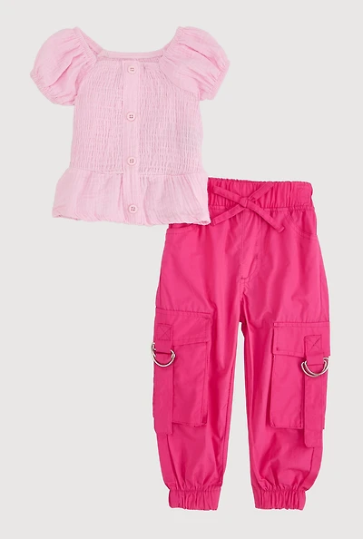 Baby Girls 12-24M Smocked Peplum Top and Cargo Joggers, Pink, Size 12M