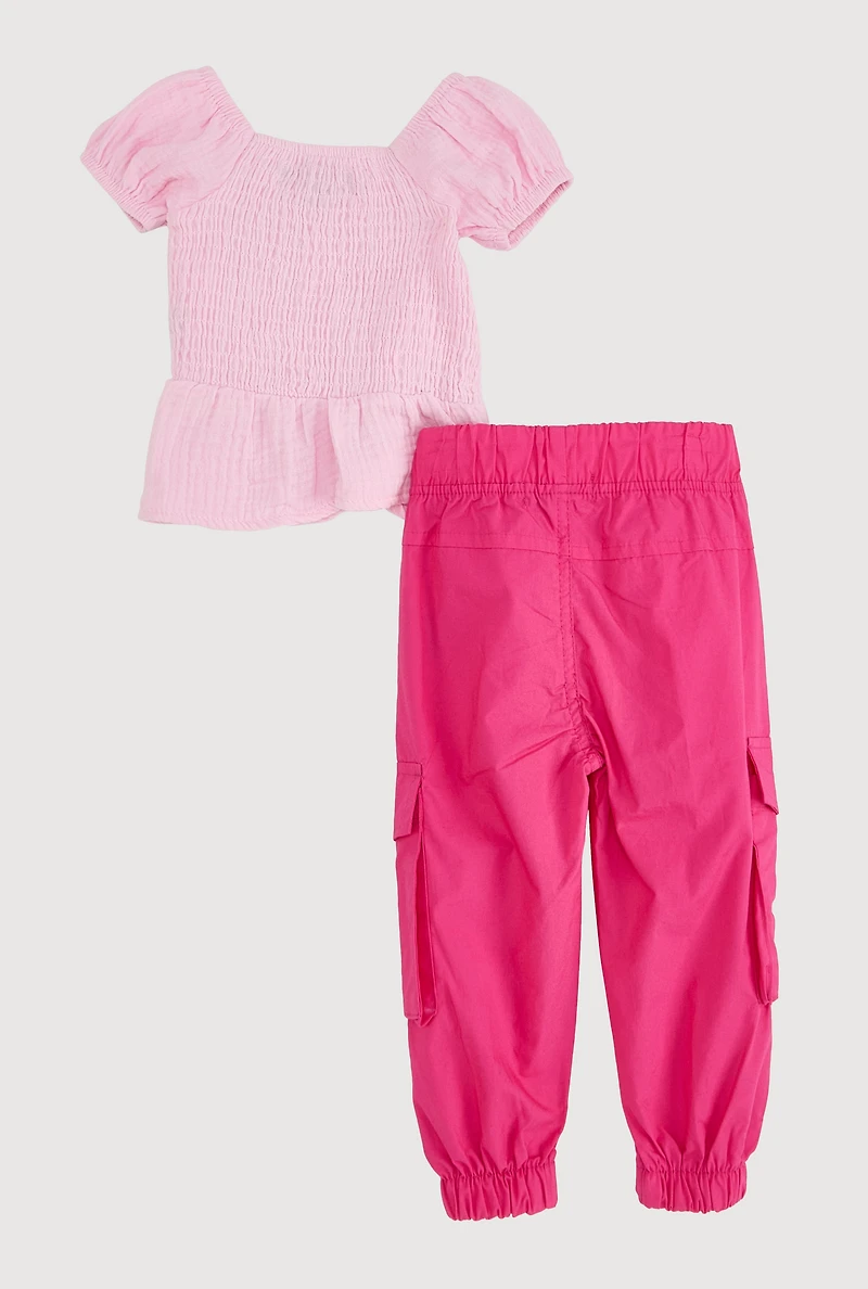 Baby Girls 12-24M Smocked Peplum Top and Cargo Joggers, Pink, Size 24M