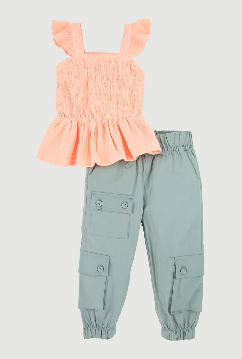 Baby Girls 12-24M Smocked Sleeveless Top and Cargo Joggers Set