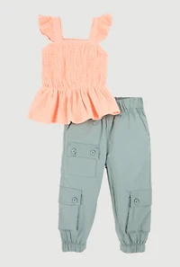 Baby Girls 12-24M Smocked Sleeveless Top and Cargo Joggers Set