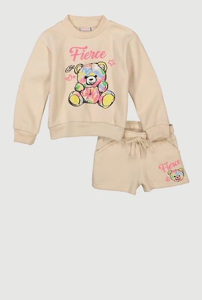 Baby Girls 12-24M Fierce Bear Graphic Sweatshirt and Sweatshorts, Beige, Size 12M