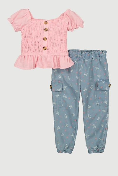 Baby Girls 12-24M Smocked Top and Printed Cargo Joggers
