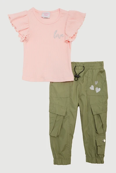 Baby Girls 12-24M Flutter Sleeve Love Graphic Tee and Cargo Joggers