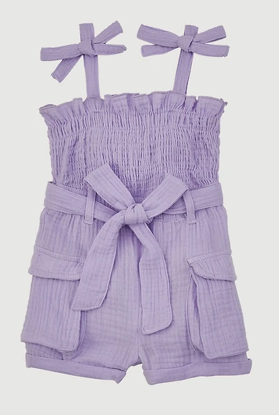 Baby Girls 12-24M Bow Strap Romper with Tie Waist Belt, Purple, Size 24M