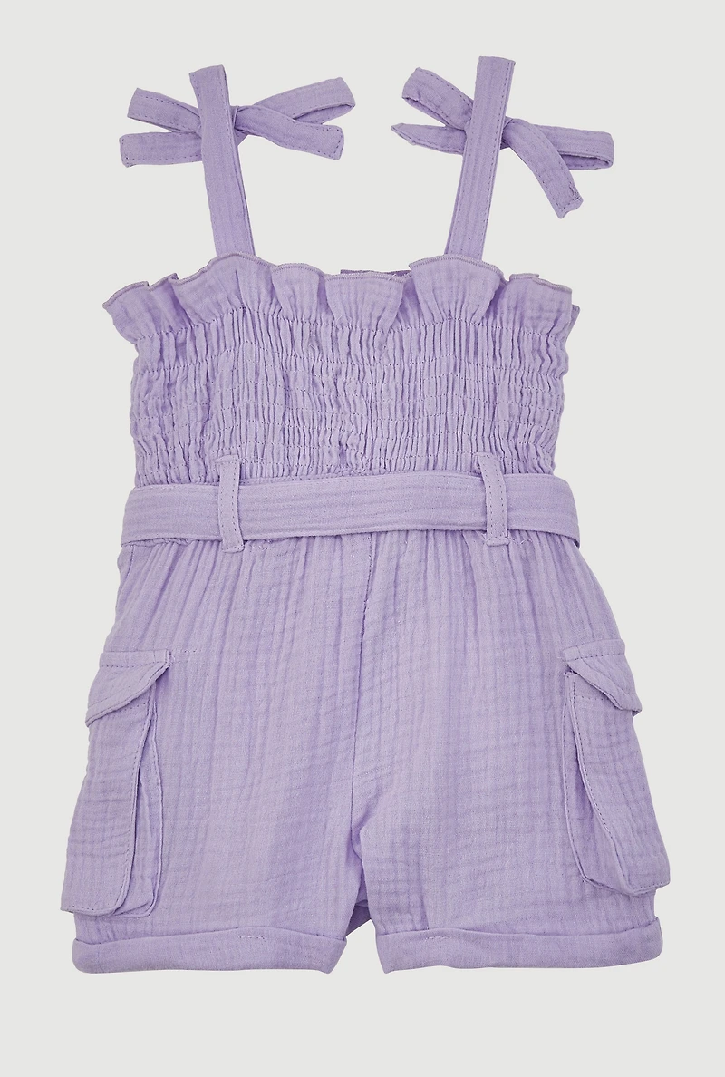 Baby Girls 12-24M Bow Strap Romper with Tie Waist Belt, Purple, Size 24M