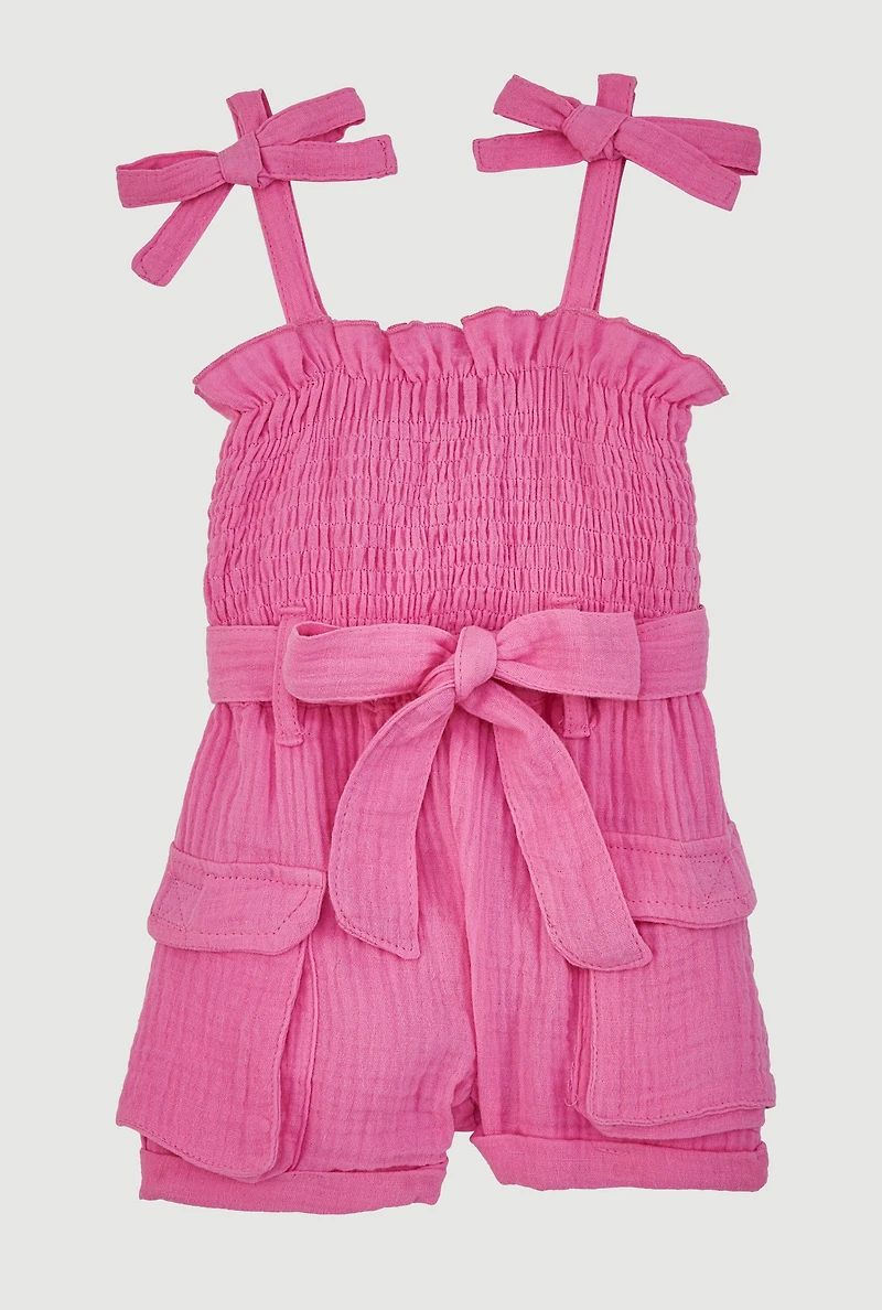 Baby Girls Gauze Knit Bow Strap Romper with Tie Waist Belt, Pink, Size 24M