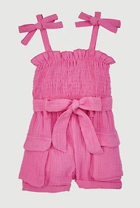 Baby Girls Gauze Knit Bow Strap Romper with Tie Waist Belt, Pink, Size 24M