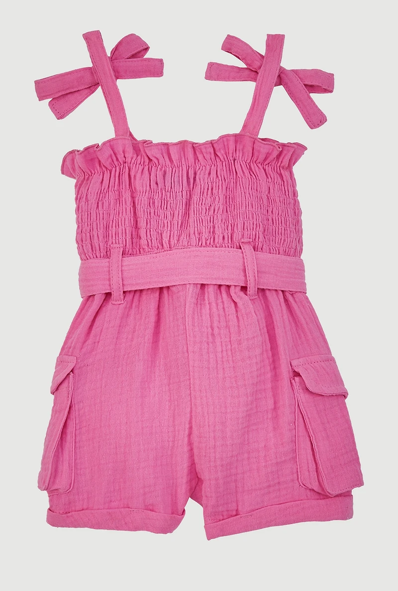 Baby Girls Gauze Knit Bow Strap Romper with Tie Waist Belt, Pink, Size 12M