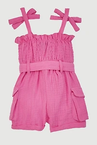 Baby Girls Gauze Knit Bow Strap Romper with Tie Waist Belt, Pink, Size 12M