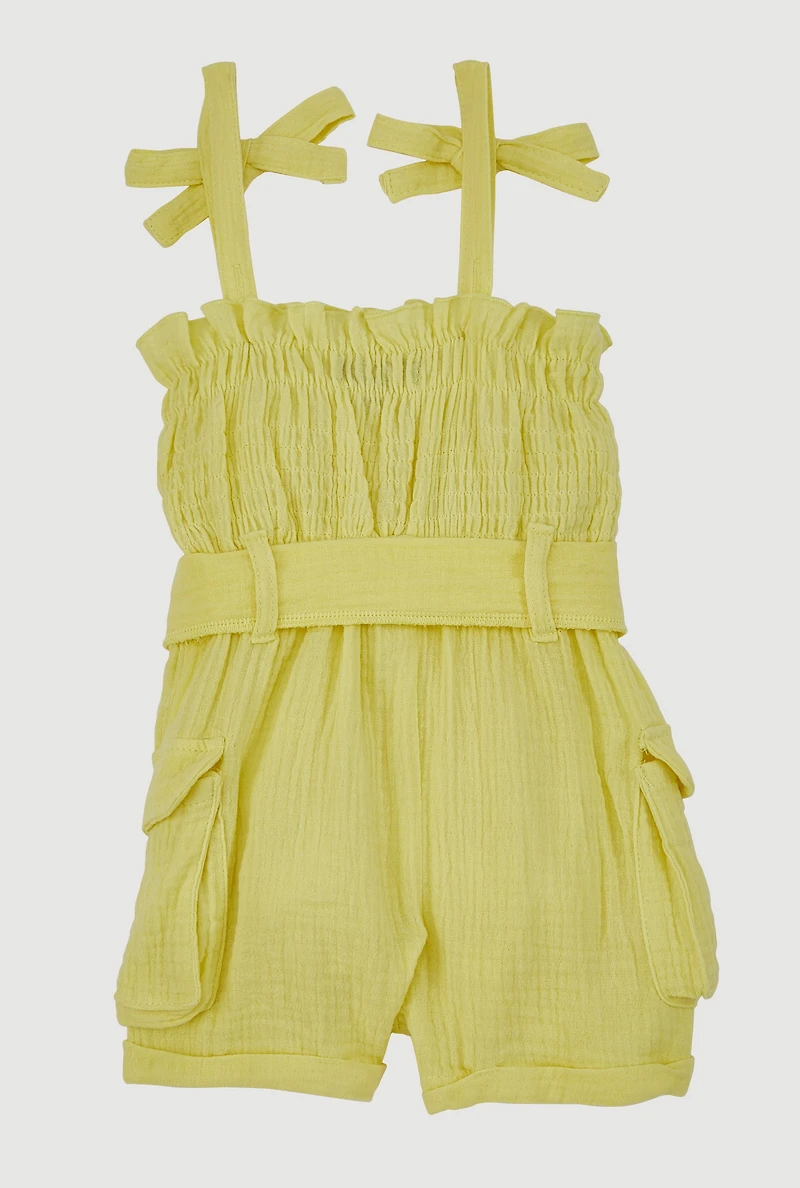 Baby Girls 12-24M Bow Strap Romper with Tie Waist Belt, Yellow,