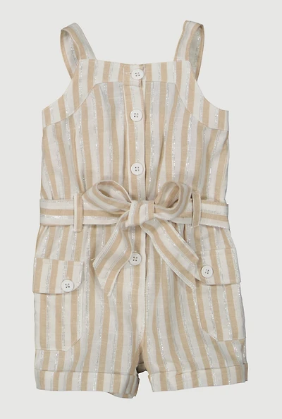 Baby Girls 12-24M Lurex Striped Tie Waist Belted Romper, Beige, Size 12M