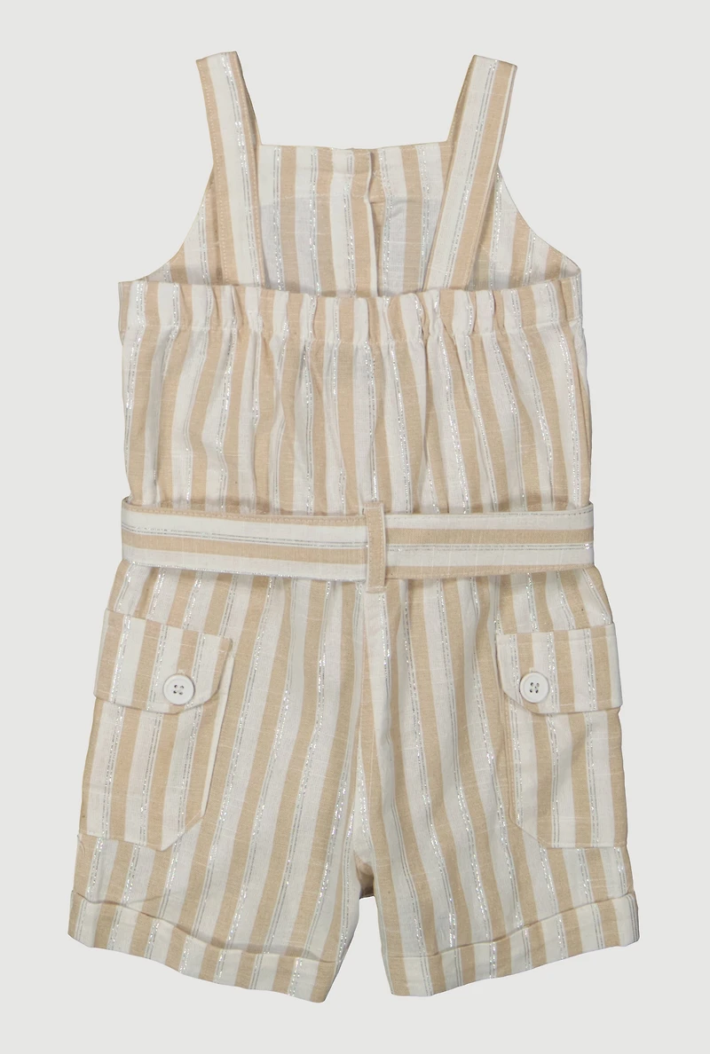 Baby Girls 12-24M Lurex Striped Tie Waist Belted Romper, Beige, Size 18M