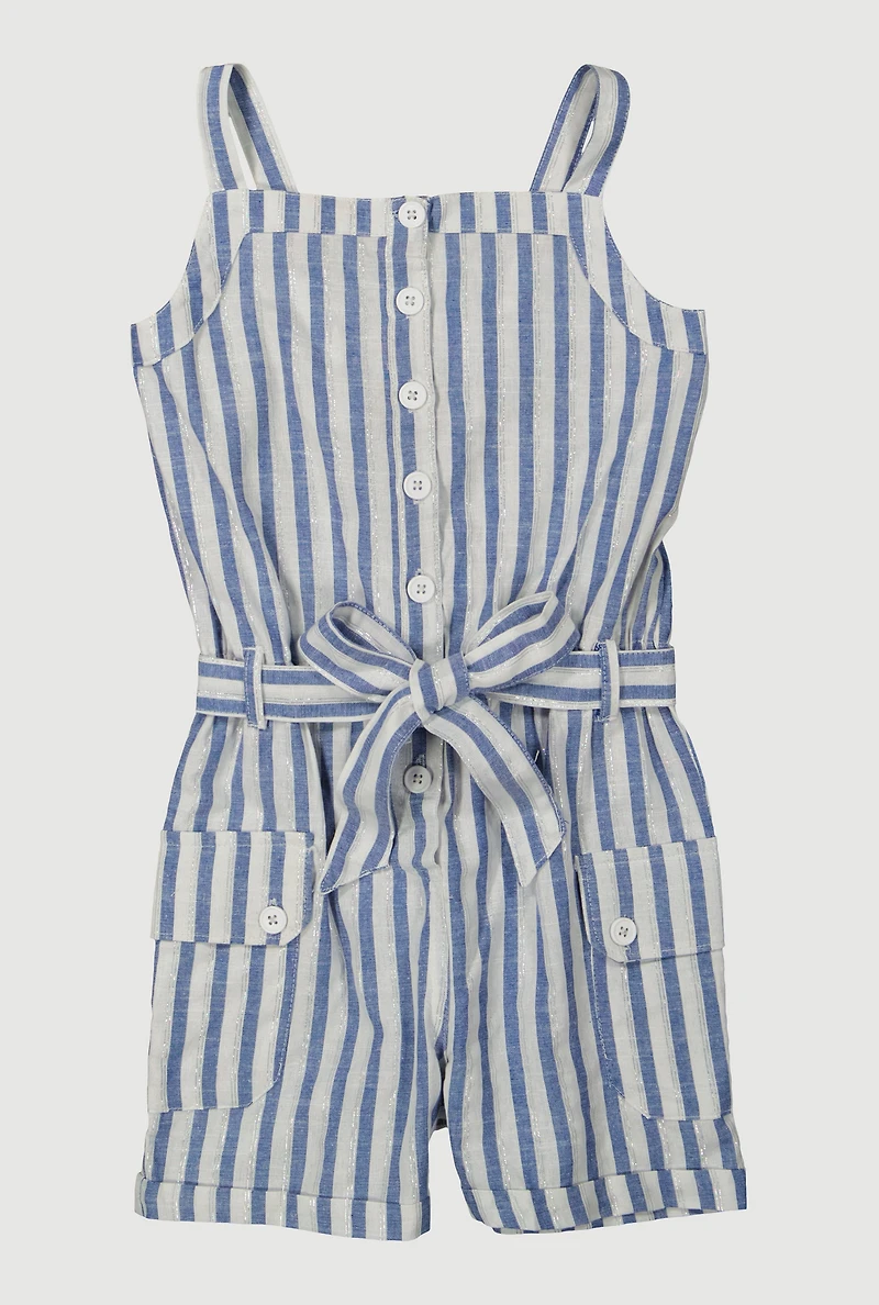 Baby Girls 12-24M Lurex Striped Tie Waist Belted Romper, Blue, Size 12M