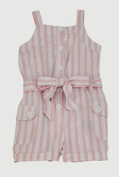 Baby Girls 12-24M Lurex Striped Tie Waist Belted Romper, Pink, Size 12M