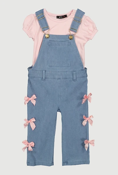 Baby Girls 12-24M Solid Top and Denim Overalls with Bows