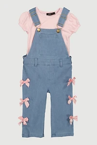 Baby Girls 12-24M Solid Top and Denim Overalls with Bows
