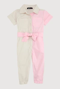 Baby Girls 12-24M Two Tone Poplin Short Sleeve Jumpsuit