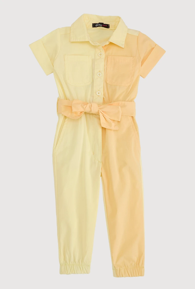 Baby Girls 12-24M Two Tone Poplin Short Sleeve Jumpsuit