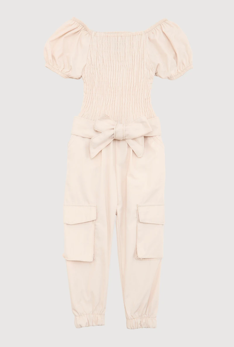 Baby Girls 12-24M Puff Sleeve Smocked Cargo Jumpsuit,
