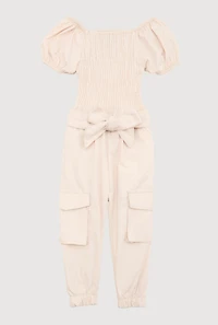 Baby Girls 12-24M Puff Sleeve Smocked Cargo Jumpsuit,