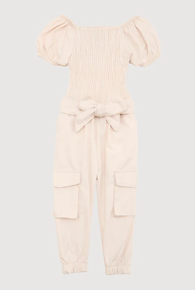 Baby Girls 12-24M Puff Sleeve Smocked Cargo Jumpsuit, Beige, Size 18M