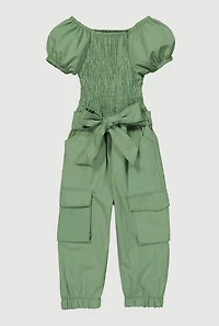 Baby Girls 12-24M Puff Sleeve Smocked Cargo Jumpsuit