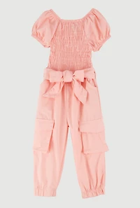 Baby Girls 12-24M Puff Sleeve Smocked Cargo Jumpsuit, Orange,