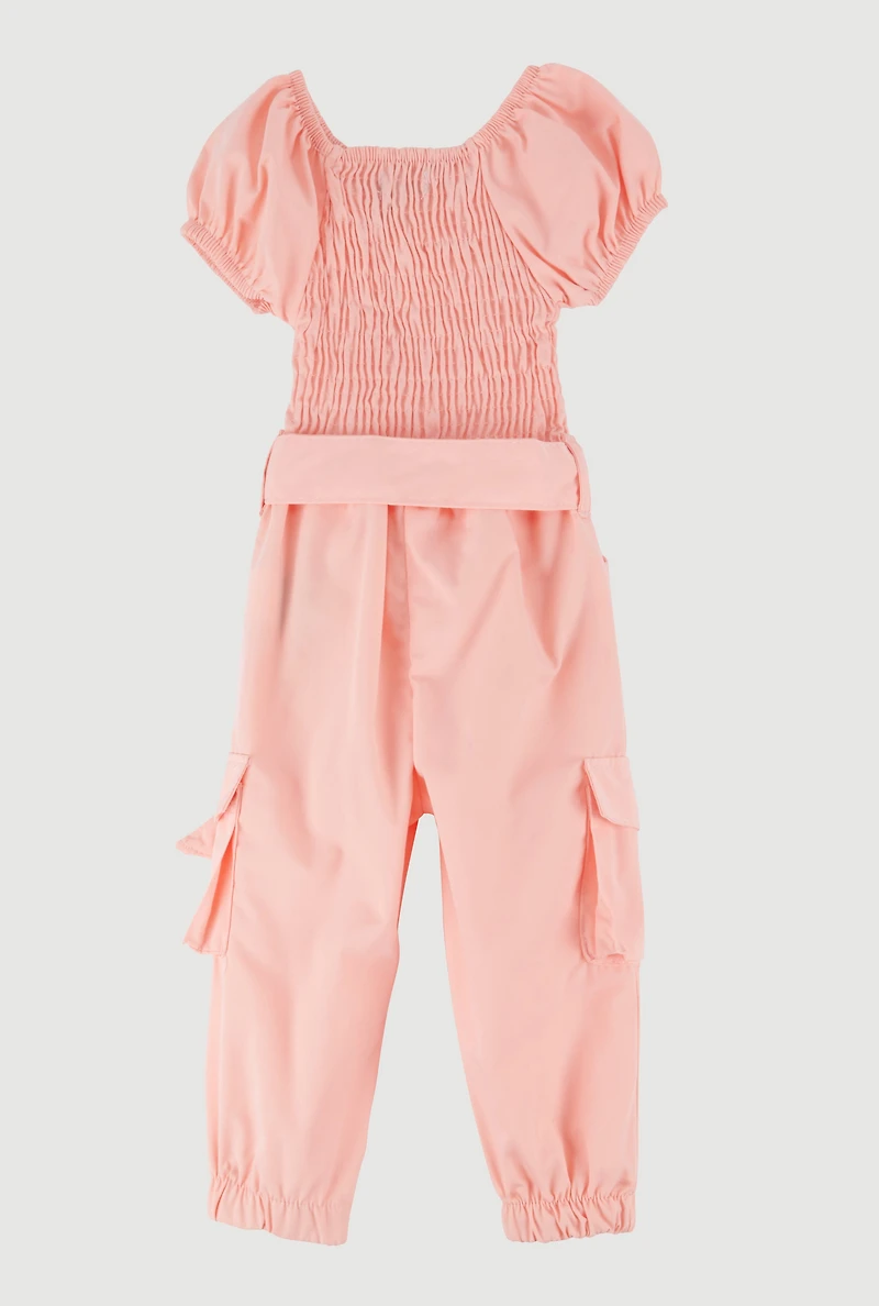 Baby Girls 12-24M Puff Sleeve Smocked Cargo Jumpsuit, Orange, Size 18M