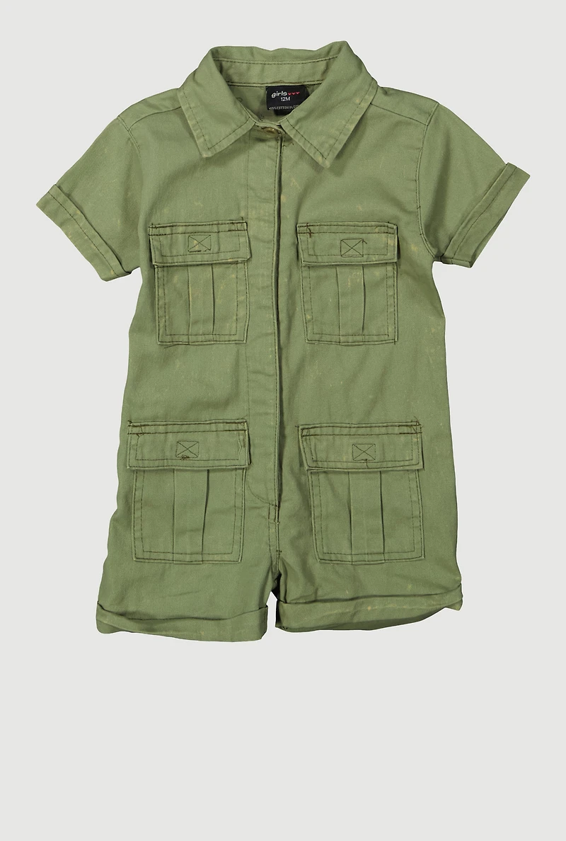 Baby Girls 12-24M Mineral Wash Button Front Utility Romper, Green, Size 12M