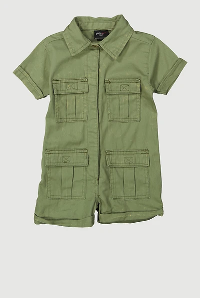 Baby Girls 12-24M Mineral Wash Button Front Utility Romper, Green, Size 18M