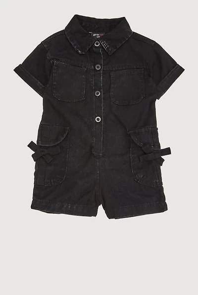 Baby Girls 12-24M Mineral Wash Bow Utility Romper, Black, Size 12M