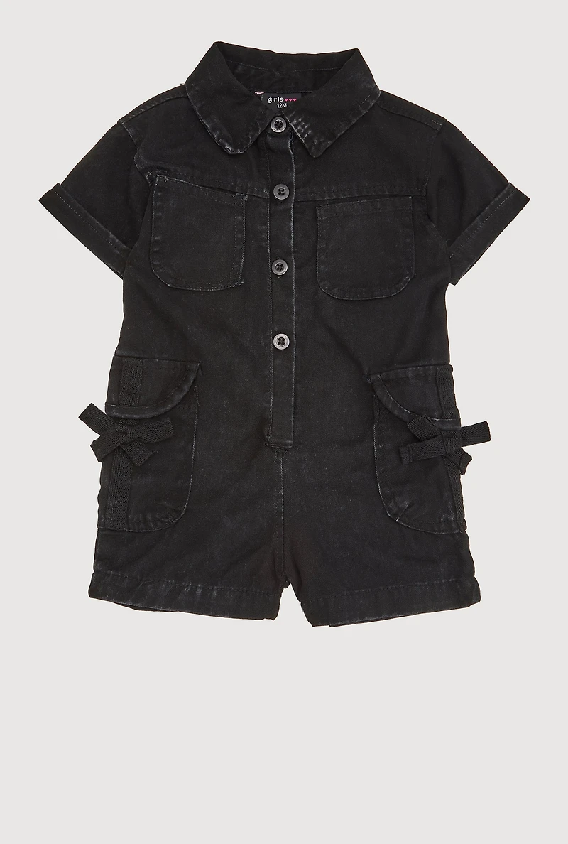 Baby Girls 12-24M Mineral Wash Bow Utility Romper, Black, Size 12M