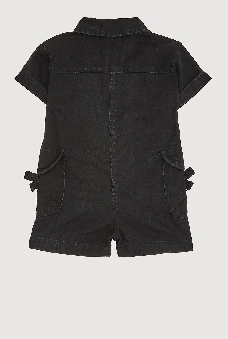 Baby Girls 12-24M Mineral Wash Bow Utility Romper, Black, Size 12M