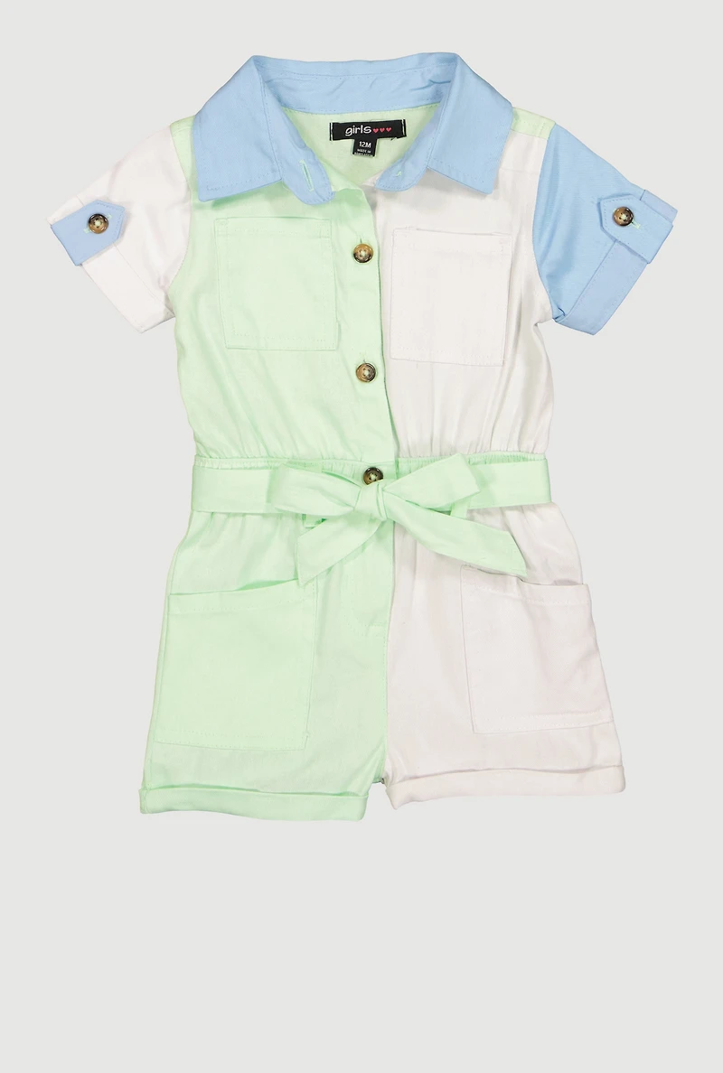 Girls 12-24M Color Blocked Tie Waist Belted Romper