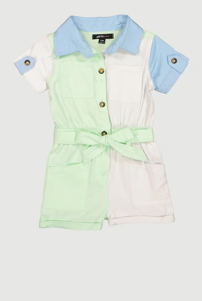 Girls 12-24M Color Blocked Tie Waist Belted Romper