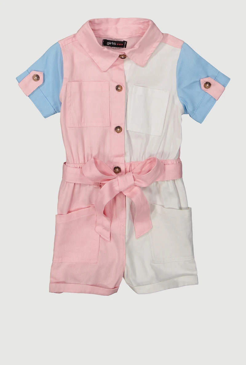 Baby Girls 12-24M Color Block Tie Waist Utility Romper