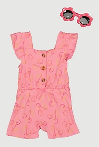 Baby Girls 12-24M Cherry Print Ribbed Knit Romper with Cap Flutter Sleeves