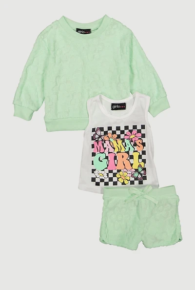 Baby Girls 12-24M Terry Cloth Sweatshirt and Shorts with Graphic Tank Top, Green,