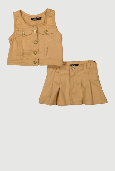 Baby Girls 12-24M Distressed Vest and Pleated Skirt, Khaki, Size 24M