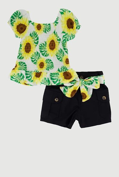 Baby Girls 12-24M Sunflower Puff Sleeve Smocked Top and Shorts
