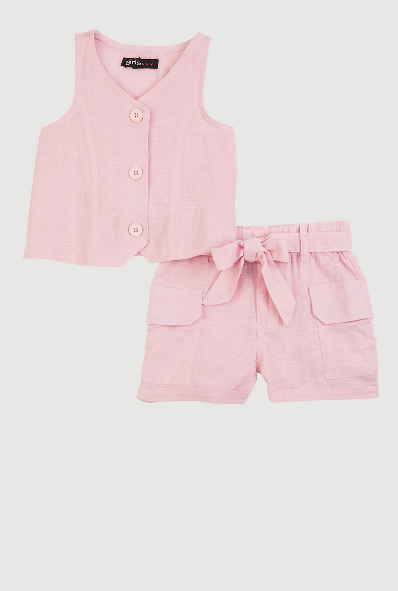 Baby Girls 12-24M Vest and Velcro Cargo Pocket Shorts, Pink, Size 24M