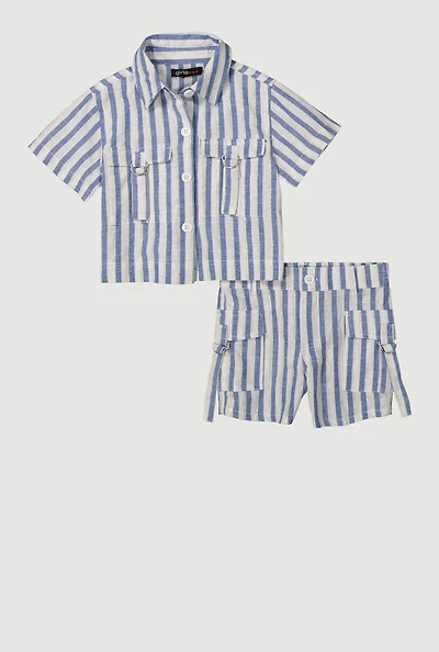 Baby Girls 12-24M Lurex Striped Shirt and Cargo Shorts, Blue, Size 12M
