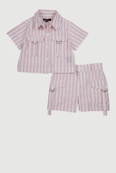 Baby Girls 12-24M Lurex Striped Shirt and Cargo Shorts, Pink, Size 12M