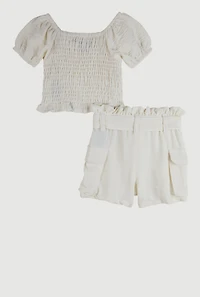 Baby Girls 12-24M Smocked Peasant Top and Shorts, White, Size 24M